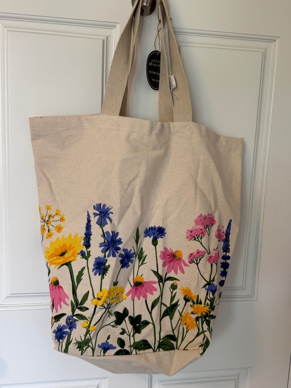 Floral Canvas Tote Bag in Natural with Multicolor Blooms
